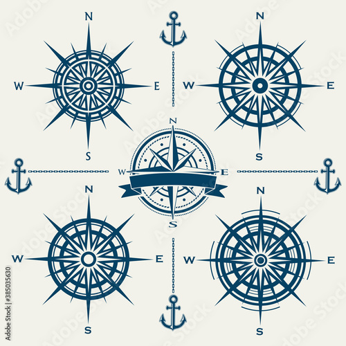 Set of isolated marine wind roses silhouettes. Collection of compass vector navigation symbol illustrations.
