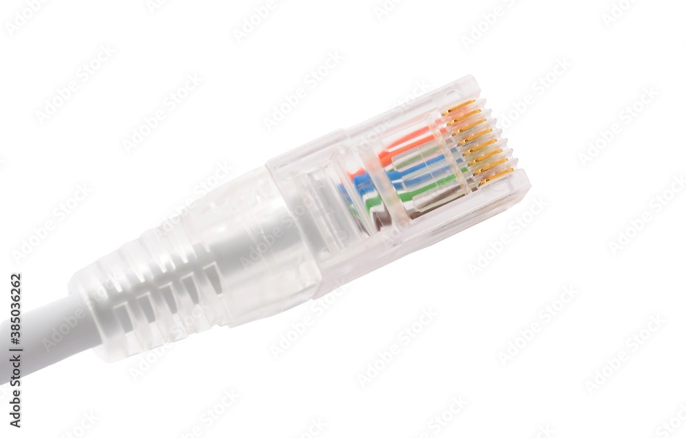 Connector RJ45 on patch cable isolated over white background. Connector RJ45 on patch cable isolated over white background.