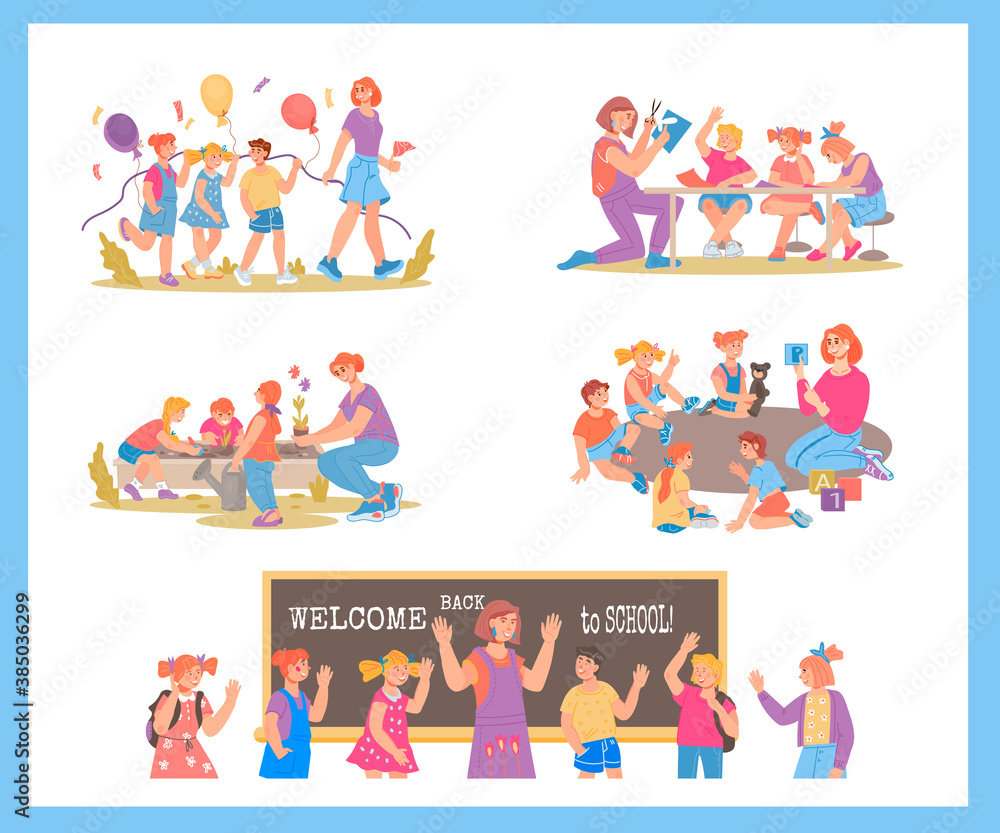 Preschool or kindergarten children activities set. Daycare center or elementary school scenes. Children with teachers walk, play and study together, cartoon flat vector illustration.