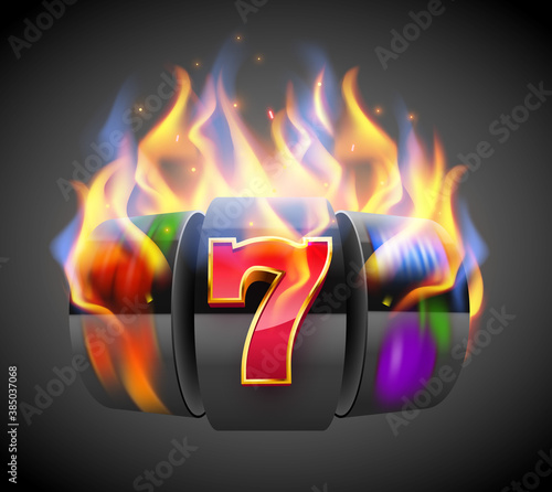 Burning slot machine wins wins the jackpot. Fire casino concept. Hot 777