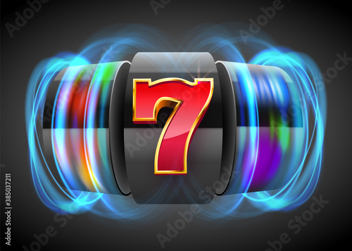 Black Neon slot machine wins the jackpot. 777 Big win casino concept.