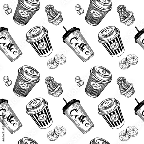 Print vector seamless pattern of coffee and pastries. Vector black and white line illustration. Coffee, doughnuts, pastries.