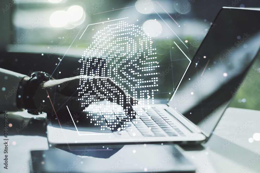Abstract creative fingerprint concept with hands typing on laptop on background. Multiexposure Abstract creative fingerprint concept with hands typing on laptop on background. Multiexposure