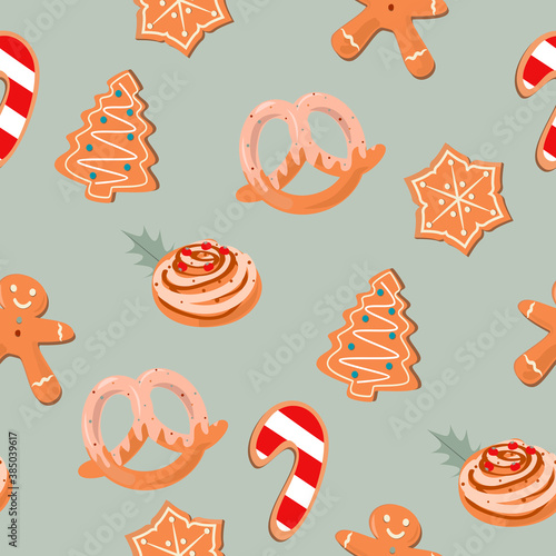 Seamless pattern with Merry Christmas gingerbread cookies and candy. Editable vector illustration.
