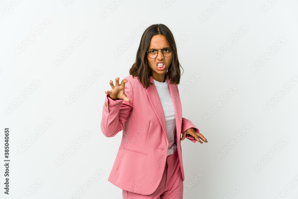 Young latin business woman isolated on white background covering mouth with hands looking worried. Young latin business woman isolated on white background covering mouth with hands looking worried.