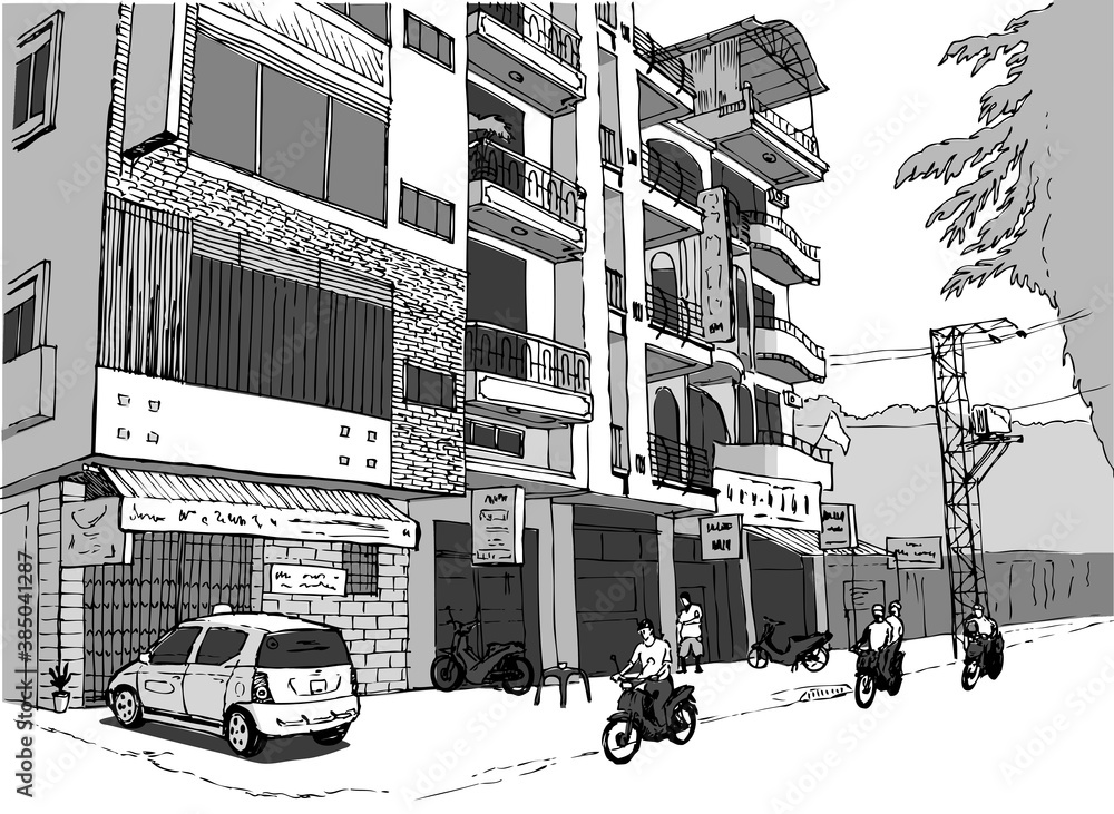 Φωτογραφία small shopping street in Vietnam, people on scooters, gray color scheme