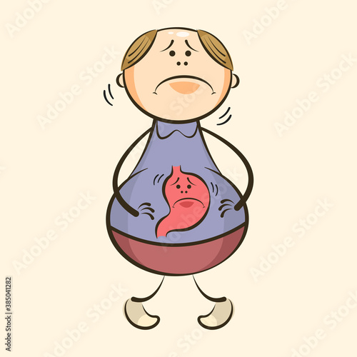 Funny doodle concept stomach and Digestive Problems. Cartoon vector character suffering with stomach. Gastrits diarhea poisoning concept.
