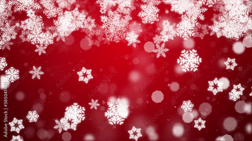 Abstract sharp and blurred particles swarming Red snowflake snow loop background. merry christmas, Holiday, winter, New Year, snowflake, snow, festive, snow flakes,