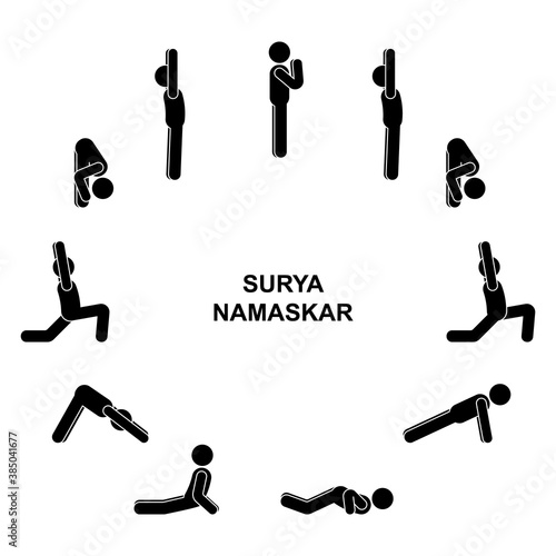 Stick figure man sequence poses of sun salutation surya namaskar vector illustration icon set. Yoga male healthy lifestyle pictogram on white background