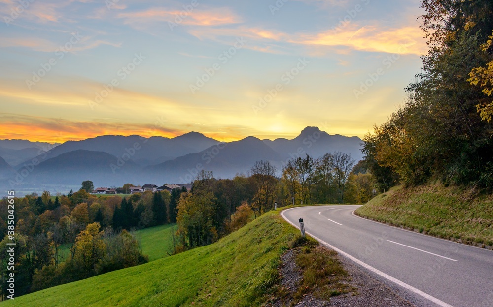 Beautiful sunset panorama view in Inntal on alps near Kufstein, Tyrol, Austria. Bavarian mountains, Bavaria (Bayern) Germany