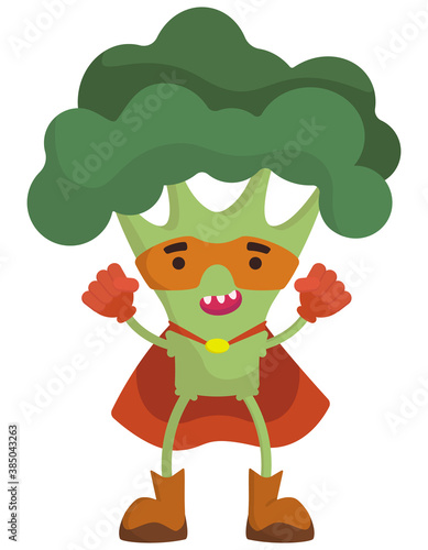 Funny vegetable superhero. Broccoli in cartoon style.