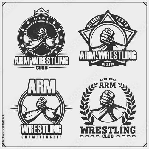 Set of arm wrestling club emblems, labels, badges and design elements. Print design for t-shirts.