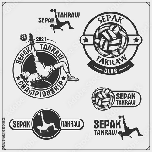Vector set of Sepak Takraw and fitness emblems and labels. Athletes illustrations and silhouettes.