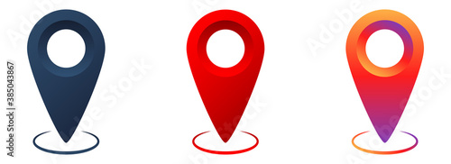 Realistic map pin pointer. Positios symbol in gradient style. Isolated pin pointer in dark blue and red colors. Social media style of location marker on white background. Vector EPS 10.