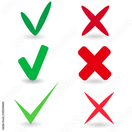 Set of green check mark, red cross icons. Approval and rejection symbols. Do and do not. Vector image 