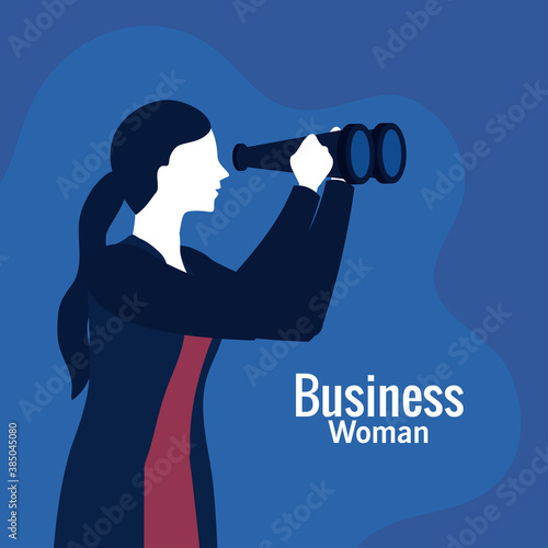 Businesswoman with binoculars on blue background design, business and management theme Vector illustration