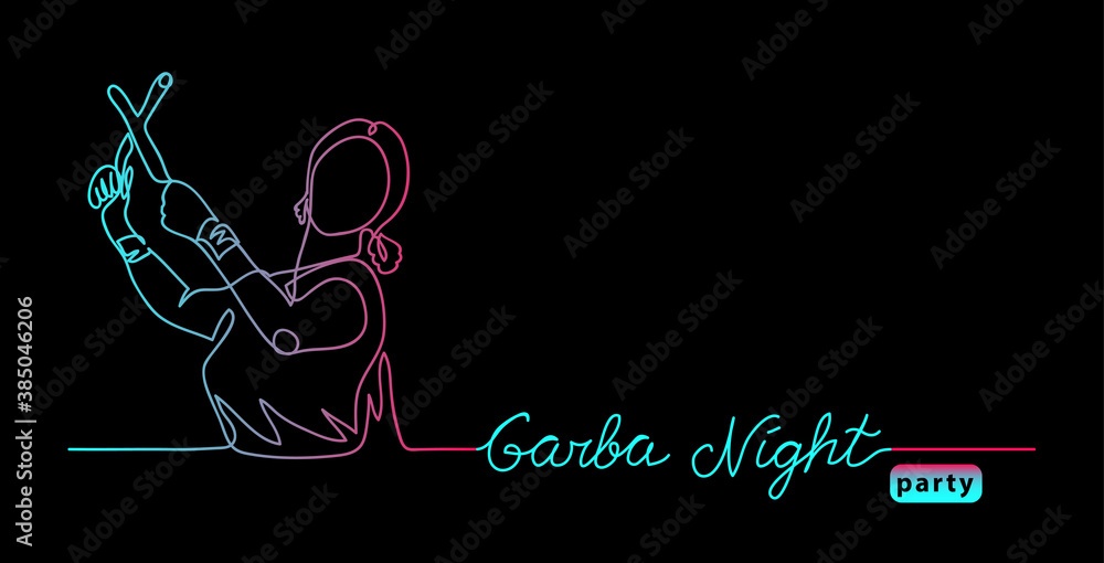 Garba night party, Dandiya disco vector banner, poster. Navratri dancer one  continuous line drawing in tik tok colors on the black background. Garba  night lettering. Stock Vector | Adobe Stock