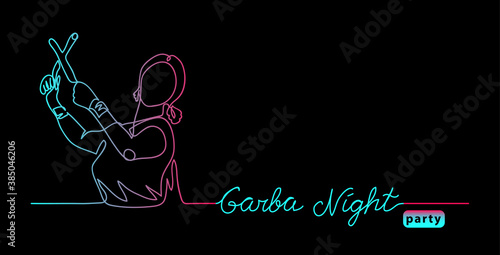 Garba night party, Dandiya disco vector banner, poster. Navratri dancer one continuous line drawing in tik tok colors on the black background. Garba night lettering.