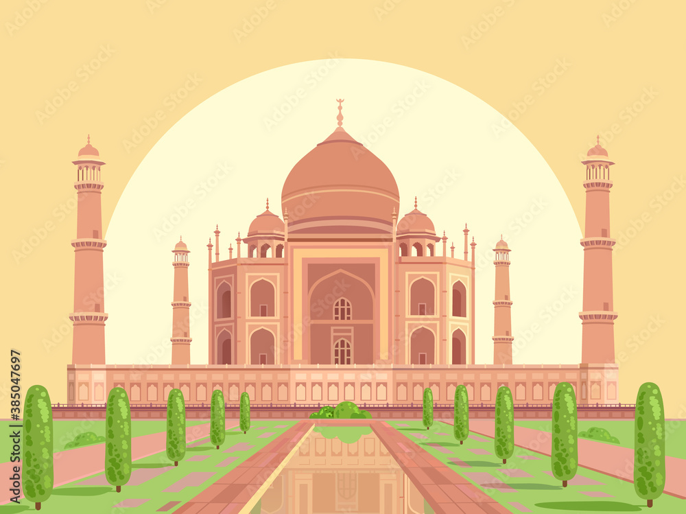 Taj Mahal is a palace in India. Mosque. Landmark, architecture, Hindu temple in the Indian city of Agra, Uttar Pradesh. Vector flat illustration