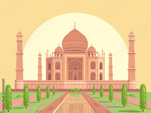 Taj Mahal is a palace in India. Mosque. Landmark, architecture, Hindu temple in the Indian city of Agra, Uttar Pradesh. Vector flat illustration