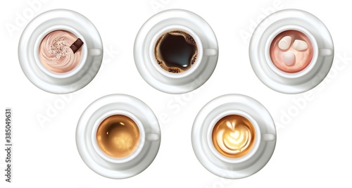 Realistic coffee cups set. Collection of realism style drawn sorts of drinks hot beverages latte cappuccino espresso americano from top view mockup. Illustration of 3d mugs tea liquid for cafe menu.