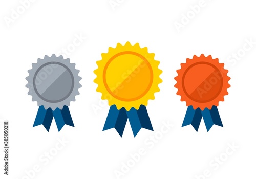 Gold, silver, bronze medal icon in flat style isolated on white background. 1st, 2nd and 3rd places. Trophy with blue ribbon. Vector illustration