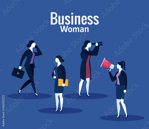 Businesswomen with megaphone suitcase file and binoculars on blue background design, business and management theme Vector illustration