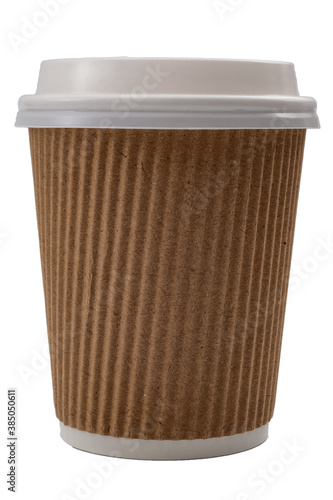 Takeout hot drinks and morning stimulant concept with recyclable brown takeaway paper cup of coffee with a plastic lid on isolated on white background with clipping path cutout