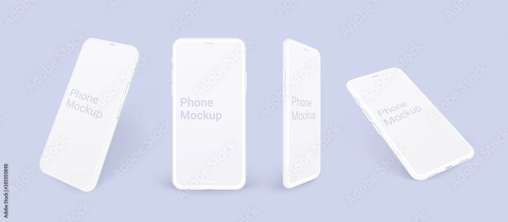 Realistic phone mockup, clay mobile set concept with shadow isolated. White smartphones in different angles view with blank screen, 3d vector illustration mocku up for app design presentation. - obrazy, fototapety, plakaty 