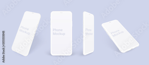 Realistic phone mockup, clay mobile set concept with shadow isolated. White smartphones in different angles view with blank screen, 3d vector illustration mocku up for app design presentation.