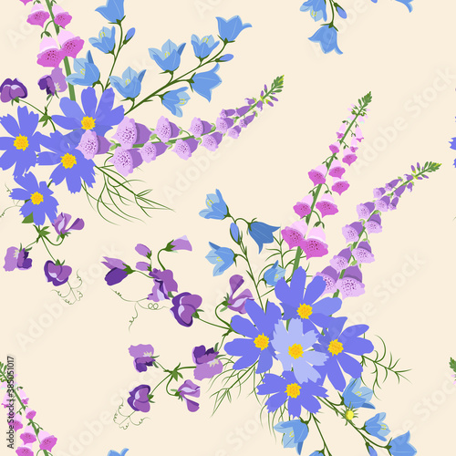 Seamless beautiful vector illustration with wildflowers on a beige background.