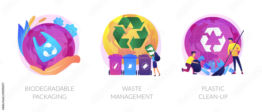 Garbage sorting and recycling icons set. Contamination of water bodies problem. Biodegradable packaging, waste management, plastic clean-up metaphors. Vector isolated concept metaphor illustrations