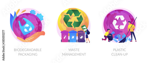 Garbage sorting and recycling icons set. Contamination of water bodies problem. Biodegradable packaging, waste management, plastic clean-up metaphors. Vector isolated concept metaphor illustrations