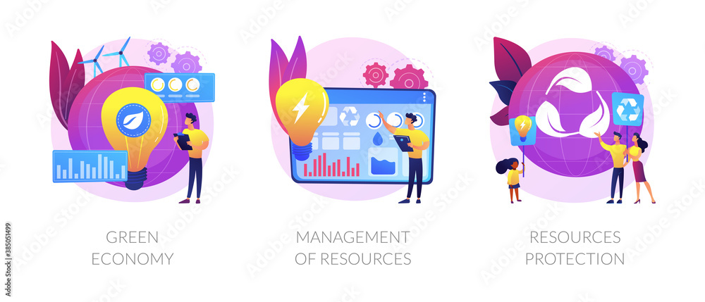 Eco friendly technologies flat icons set. Alternative energy, waste recycling. Green economy, management of resources, resources protection metaphors. Vector isolated concept metaphor illustrations