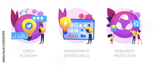 Eco friendly technologies flat icons set. Alternative energy, waste recycling. Green economy, management of resources, resources protection metaphors. Vector isolated concept metaphor illustrations