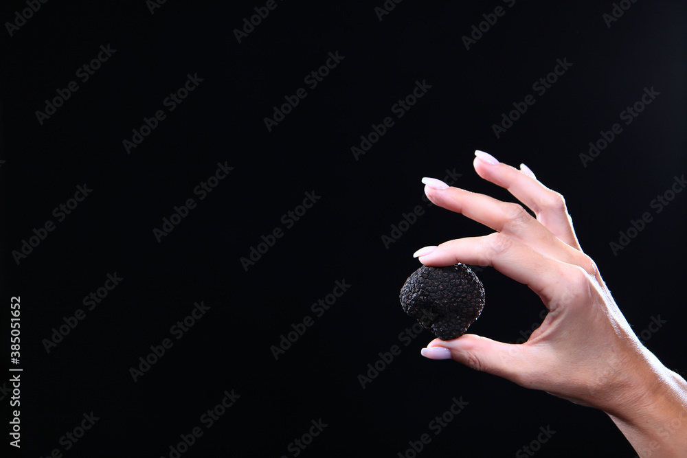 Black truffle in hand. Exquisite and fragrant mushroom. Unrecognizable person. Black background. Close up. Black truffle in hand. Exquisite and fragrant mushroom. Unrecognizable person. Black background. Close up.