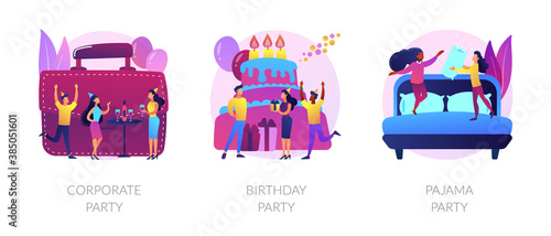 Office celebration, anniversary congratulations, girlfriends sleepover icons set. Corporate party, birthday party, pajama party metaphors. Vector isolated concept metaphor illustrations