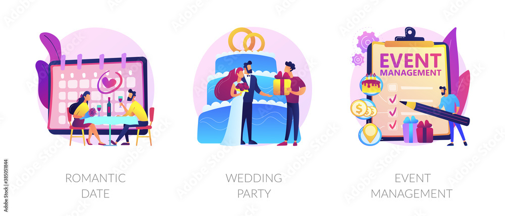 Love and romance, marriage ceremony, professional event planning service icons set. Romantic date, wedding party, event management metaphors. Vector isolated concept metaphor illustrations