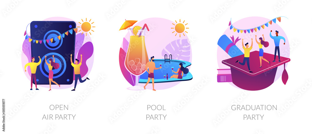 Fototapeta premium Outdoor music festival, tropical summer recreation, school graduation celebration icons set. Open air party, pool party, prom party metaphors. Vector isolated concept metaphor illustrations