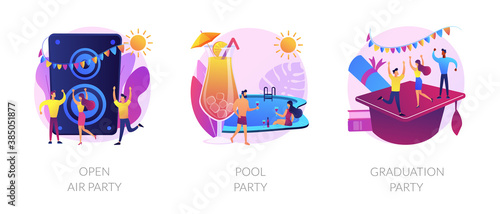 Outdoor music festival, tropical summer recreation, school graduation celebration icons set. Open air party, pool party, prom party metaphors. Vector isolated concept metaphor illustrations