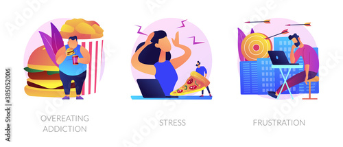 Obesity and unhealthy nutrition, anxiety and panic attack, psychological problem icons set. Overeating addiction, stress, frustration metaphors. Vector isolated concept metaphor illustrations
