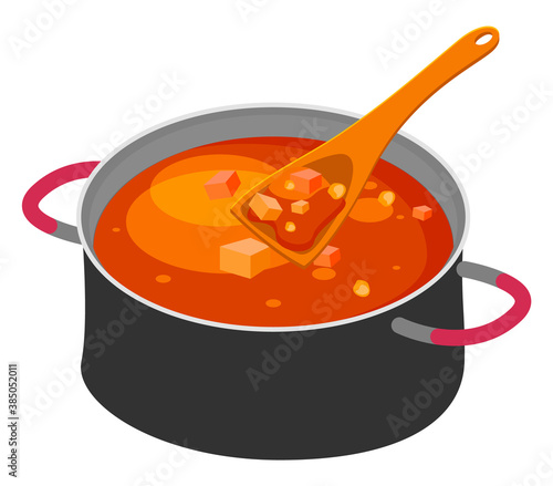 Isolated at white background big steel pan with borsch or red beet soup, wooden spoon or scoop. Delicious dish with vegetables. Traditional ukrainian cuisine. Healthy food, homemade. Web icon