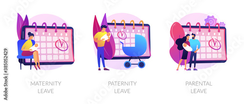 Gender equality issues in child upbringing. Trendy tendencies in infant kids care sharing. Maternity leave, paternity leave, parental leave metaphors. Vector isolated concept metaphor illustrations.
