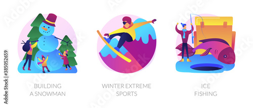 Winter activities, hobby and recreation, outside leisure, snowboarding. Building a Snowman, winter extreme sports, ice fishing metaphors. Vector isolated concept metaphor illustrations.