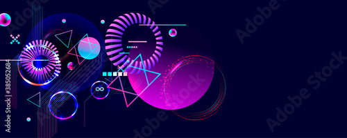 Dark retro futuristic art neon abstraction background cosmos new art 3d starry sky glowing galaxy and planets blue circles