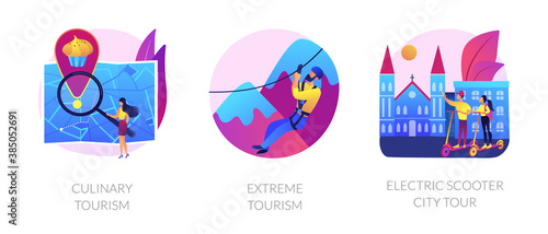 Adventure touristic activities, recreation, broadening horizons. Culinary tourism, extreme tourism, electric scooter city tour metaphors. Vector isolated concept metaphor illustrations.