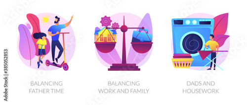 Father career and family balance metaphors. Parenting, multitasking, paternity leave. Single dad plating spending time with child and working abstract concept vector illustration set.