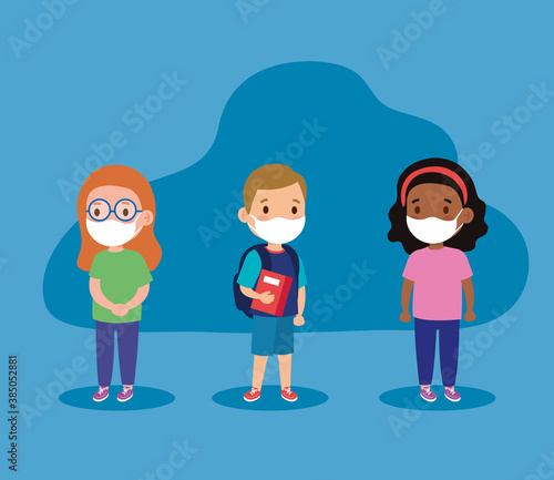 New normal school of girls and boy kids with masks design of covid 19 virus and prevention theme Vector illustration