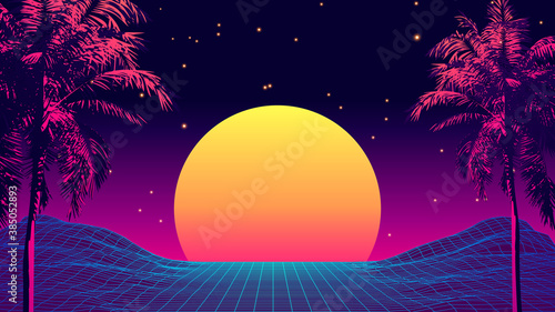 Retro 80s Style Tropical Sunset with Palm Tree Silhouette and Gradient Sky Background. Classic 80s Retro Design. Digital Retro Landscape Cyber Surface. 80s Party Background. Trendy Vector Illustration