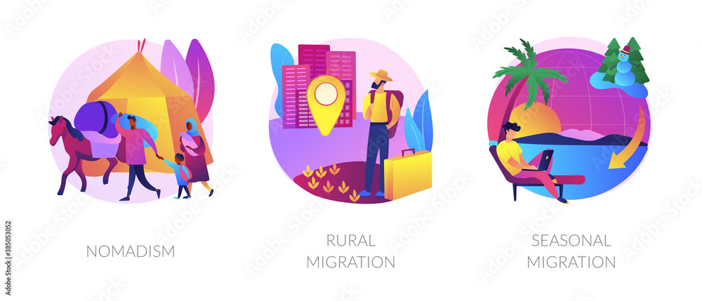 Temporary migration metaphors. Nomad lifestyle, rural and seasonal migration. Holiday vacation tourism. Changing settling place, moving to new location abstract concept vector illustration set.